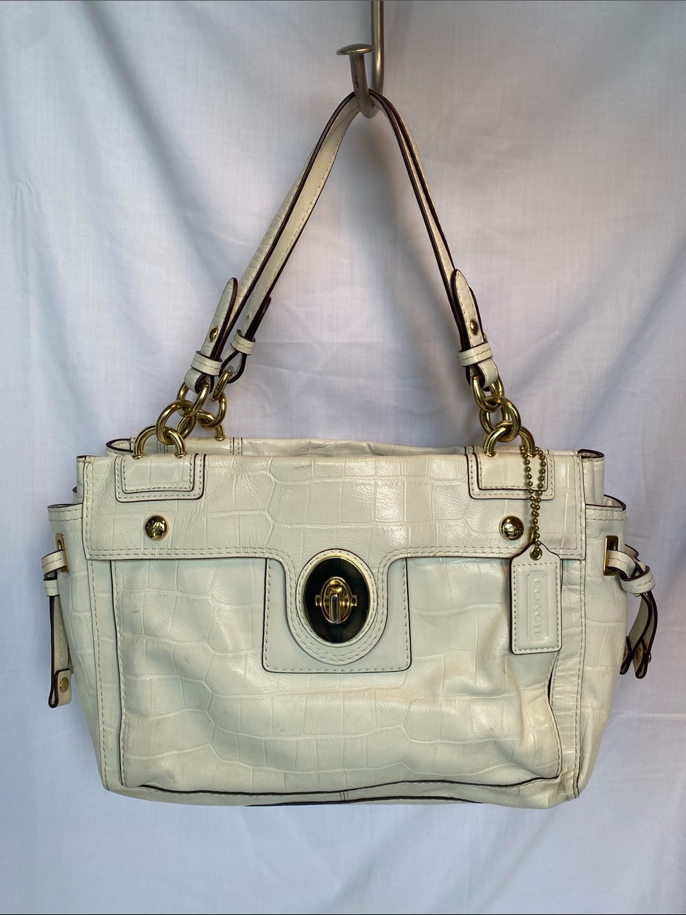 Coach Cream Croc-Embossed Patent Leather Shoulder Bag Satchel Gold Hardware